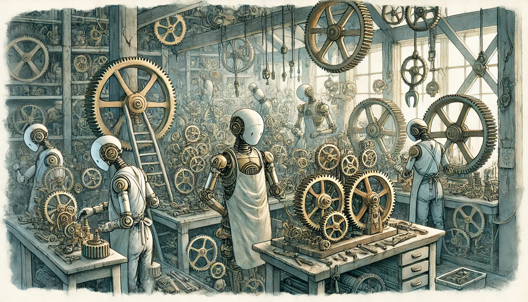 Under Construction - Illustration of fantasy/steampunk humanoid automitons working to build things with cogs and gears